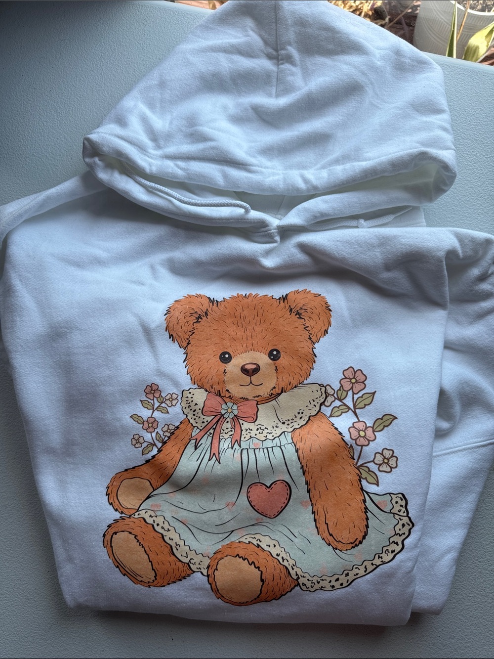Gildan White Kids Hoodie with Brown Teddy Bear Graphic